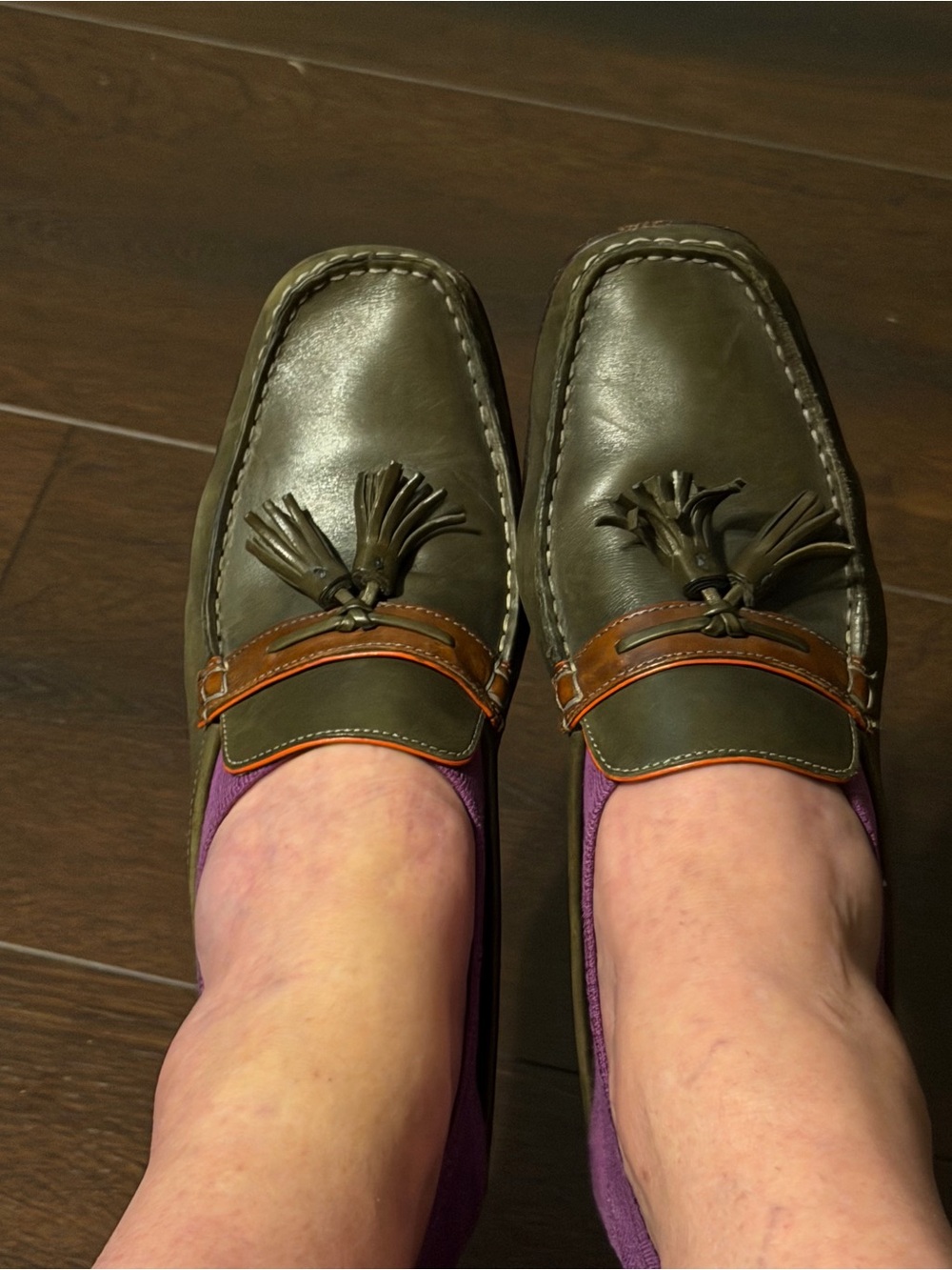 Cole Haan Olive Green Leather Tassel Backless Loafers with Brown/Orange Trim - Picture 2 of 8
